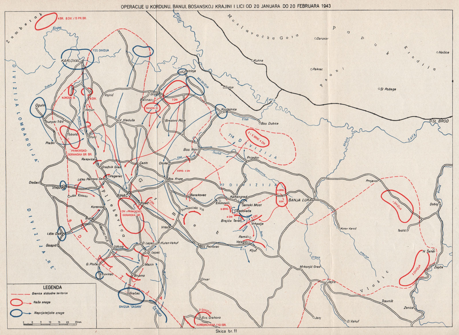 YUGOSLAVIA. Kordun Bania Bosanska Krajina Bihac Karlovac. Jan-Feb 1943 1957 map